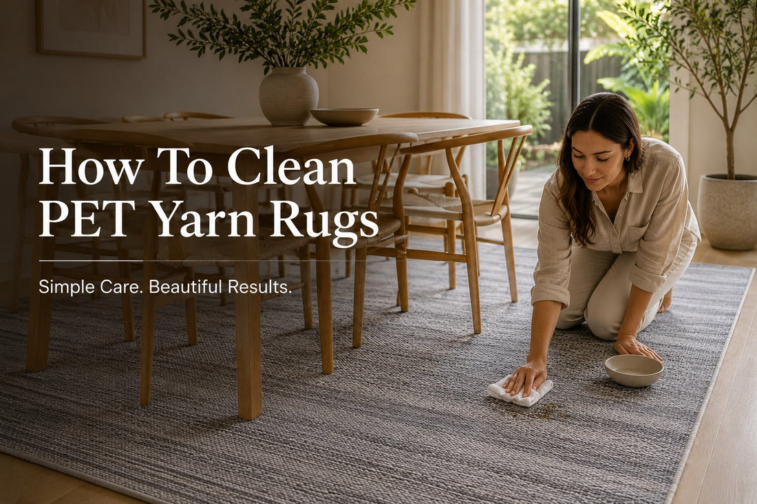 A PET Yarn hand woven rug being spot cleaned in a Perth home dining room setting.