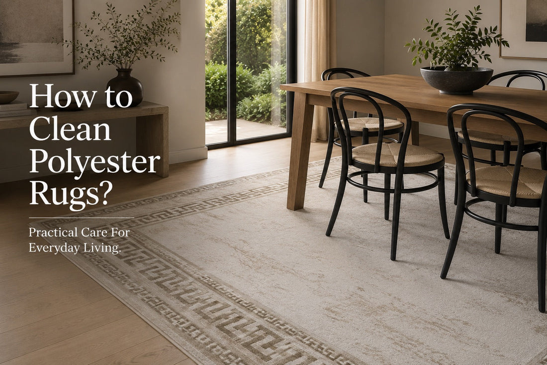 A Polyester machine made rug styled in a modern Perth home dining room setting.