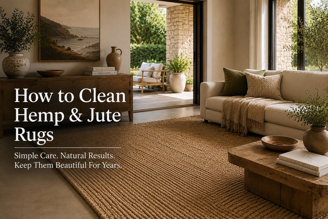 A hemp hand woven rug styled in a modern Perth home living room setting.