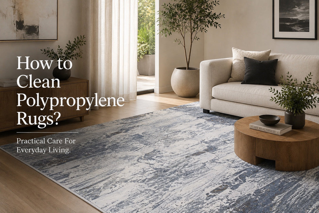 A polypropylene machine made rug styled in a modern Perth home living room setting.