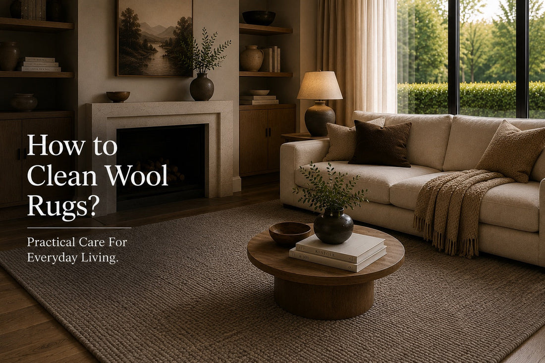A hand woven wool rug styled in a modern Perth home living room.