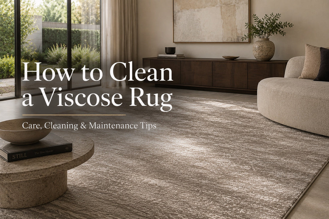A Viscose Hand-loomed rug styled in a modern Perth home living room setting.