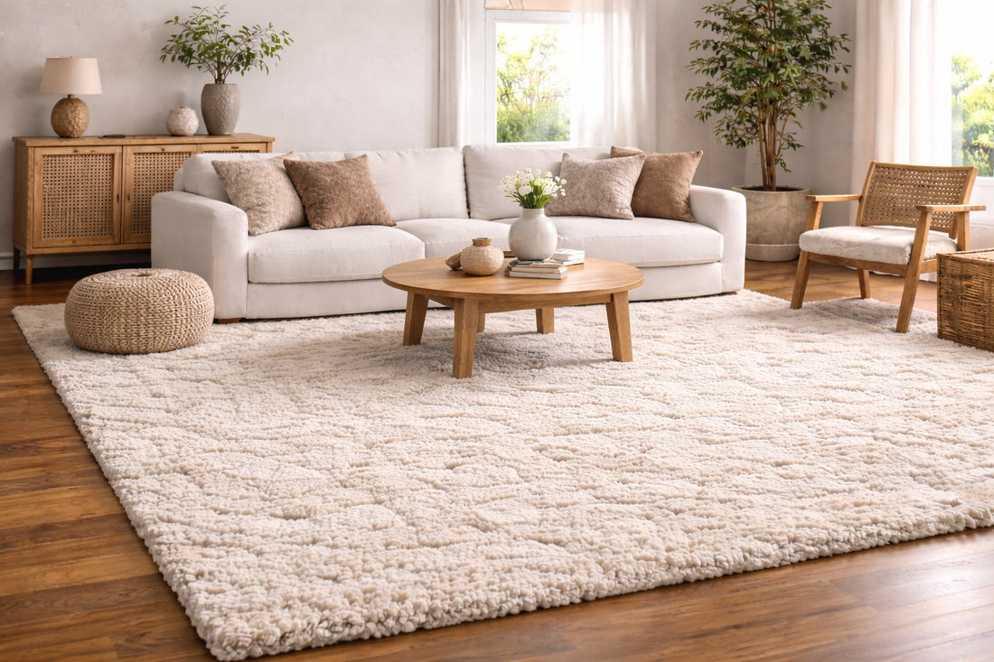 A Wool Hand Woven textured rug styled in a Modern Perth home living room setting.