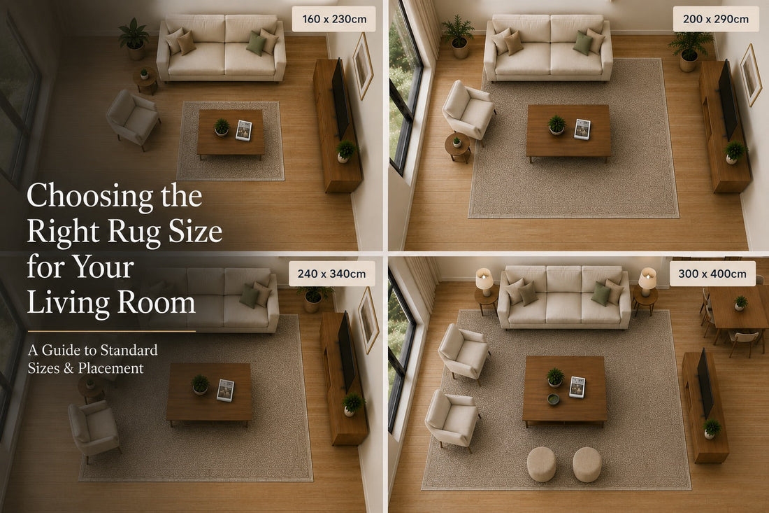 A split image showing how to choose the correct size and showing the correct placement of living room rugs.