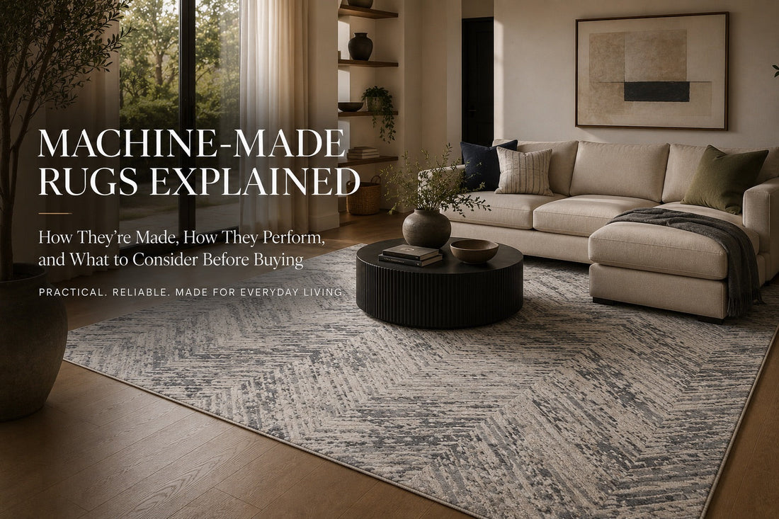 A Modern Machine Made Rug styled in a Perth home living room setting.