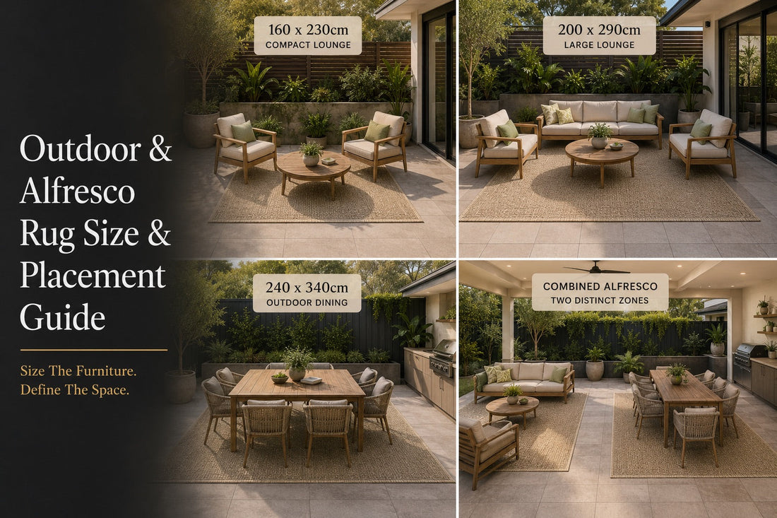 A 2 x 2 split image of outdoor alfresco rug size and placement recommendations.