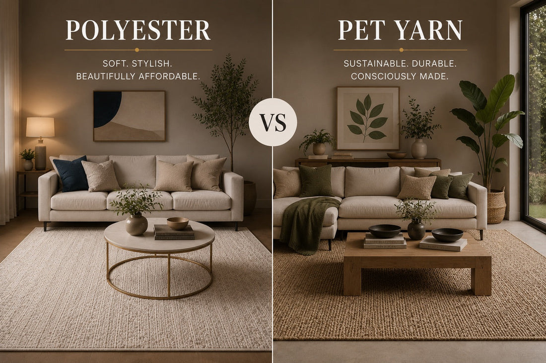 A split image of a polyester rug and a PET Yarn rug both styled in modern Perth home living room settings.