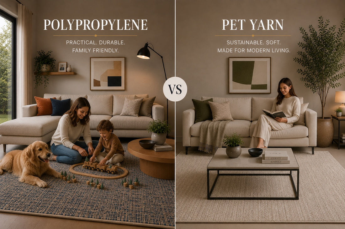 A split image of a polypropylene rug and a PET Yarn rug both styled in a Perth home living room setting.