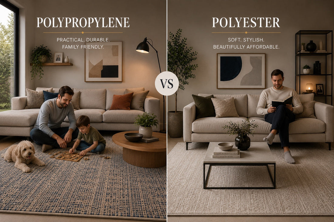 A split image of a Polypropylene rug and Polyester rug styled in modern Perth home living room settings.
