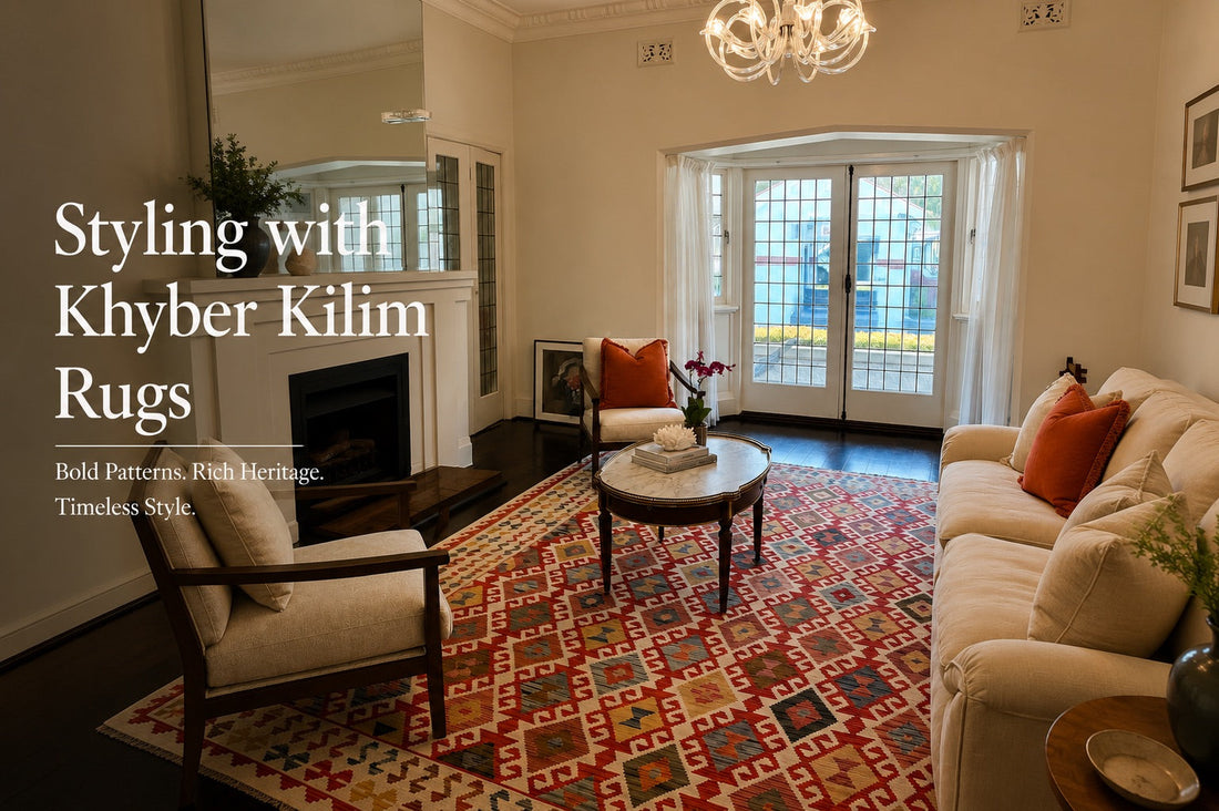 A hand woven Afghan Khyber Kilim rug styled in Perth Federation home living rooms setting.