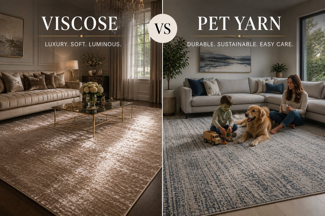 A split image of a viscose rug styled in a modern Perth home living room and a PET Yarn rug styled in a modern Perth home living room.