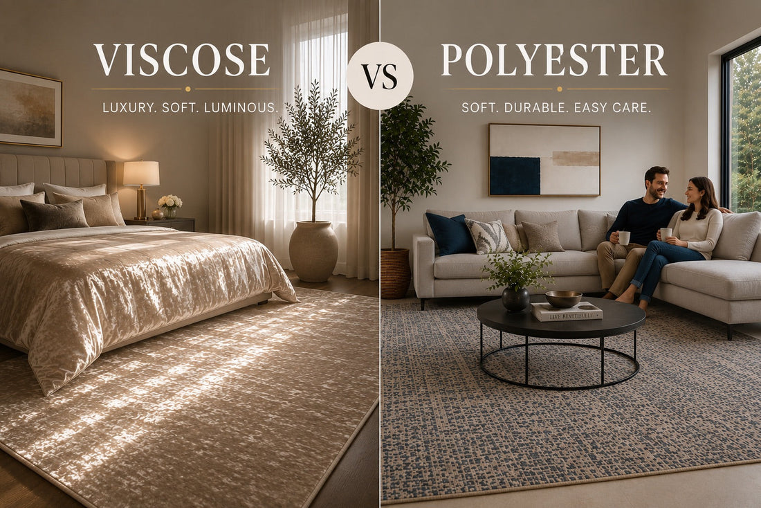 A split image of a styled viscose rug in a bedroom scene and a Polyester Rug styled in a living room setting.