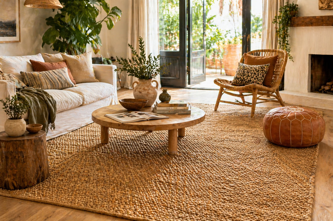 A Jute hand woven rug styled in a Australian home living room setting.