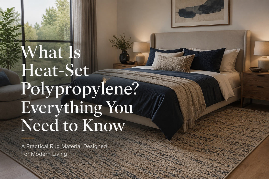A Heat-Set Polypropylene rug styled in a modern Perth home bedroom setting.