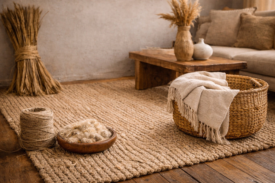 A natural visual styling of a Hemp rug in a boho styled room.