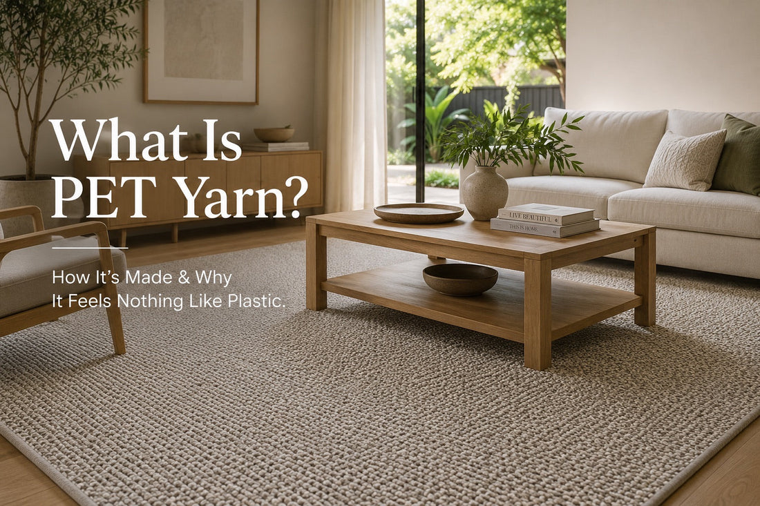 A PET Yarn hand woven textured rug styled in a modern Perth home living room.