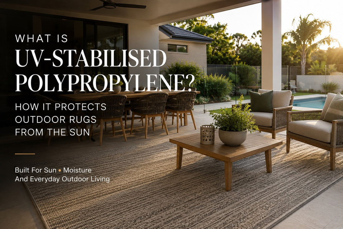 A UV Stabilised Polypropylene indoor/outdoor rug styled in a modern Perth home outdoor alfresco setting.