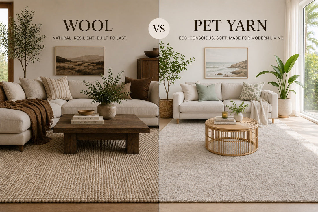 A split image of a wool rug and a PET Yarn rug both styled in modern Perth home living room settings.