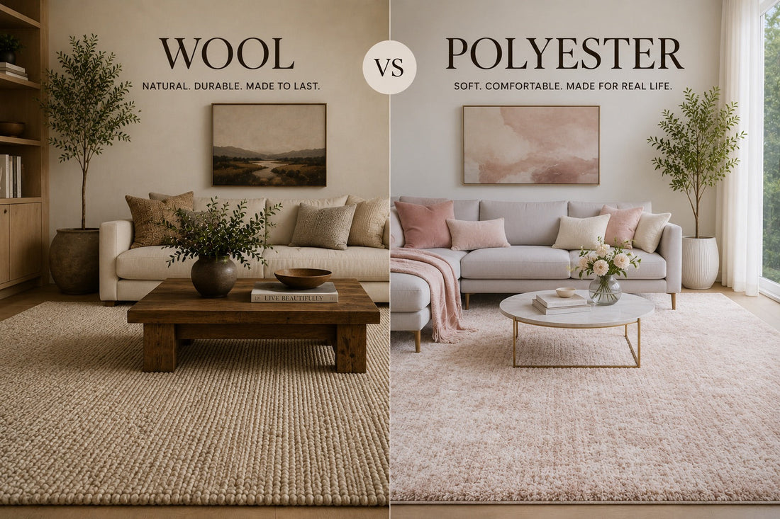 A split image of a wool rug and polyester rug styled in modern Perth home living rooms.