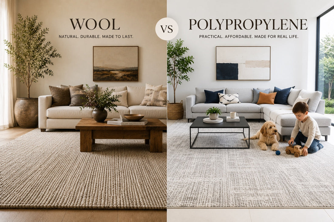 A split image of a Wool rugs styled in a modern home and a Polypropylene Rug styled in a modern home.