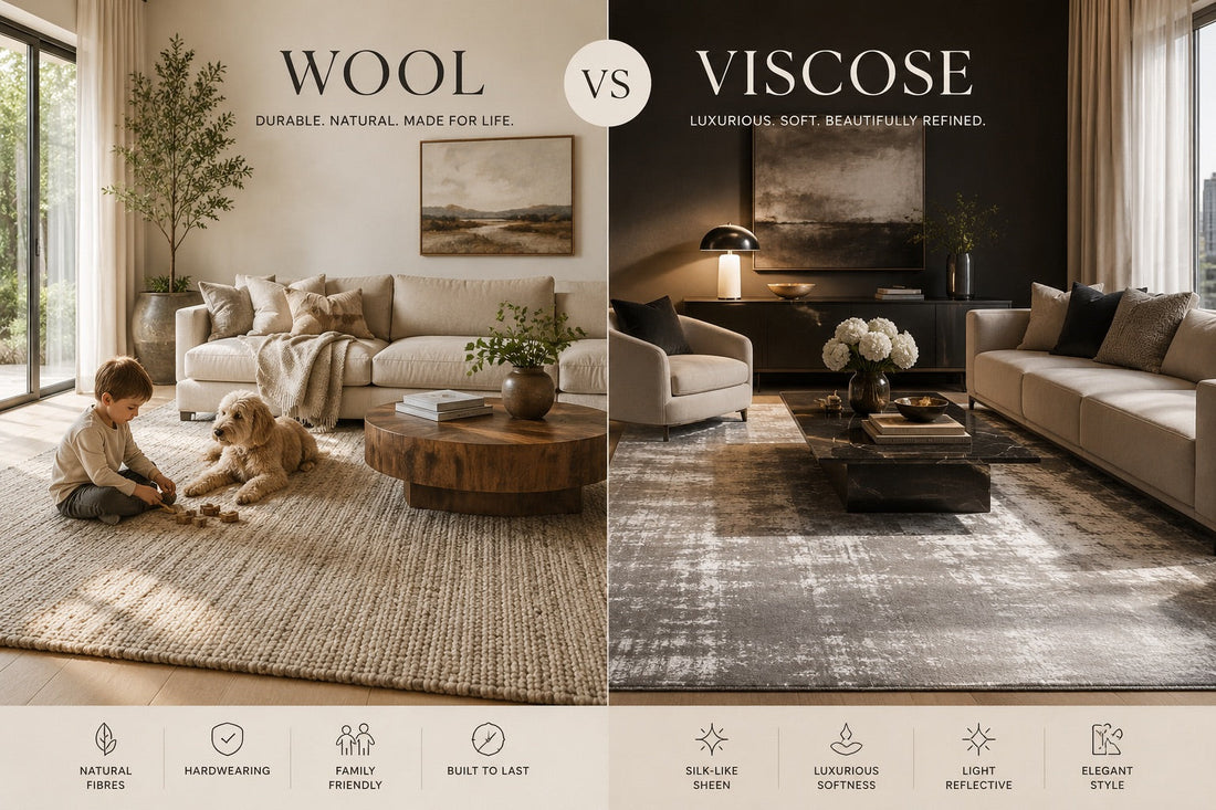 A split image of a styled wool rug and a styled viscose rug for comparison.