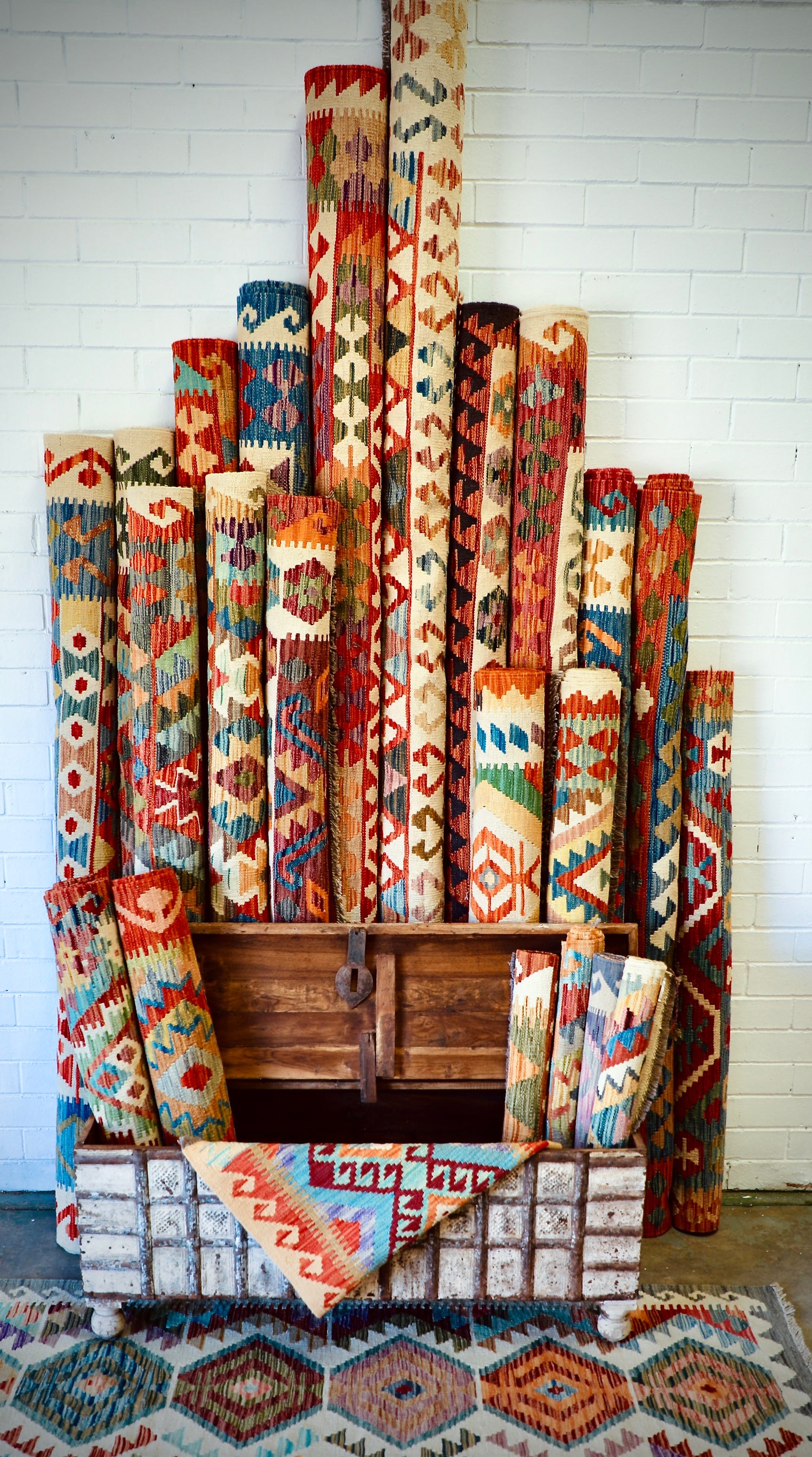 Our Large Sizes of Afghan Khyber Kilims.  Explore 2 styles, each with different patterns and colours.