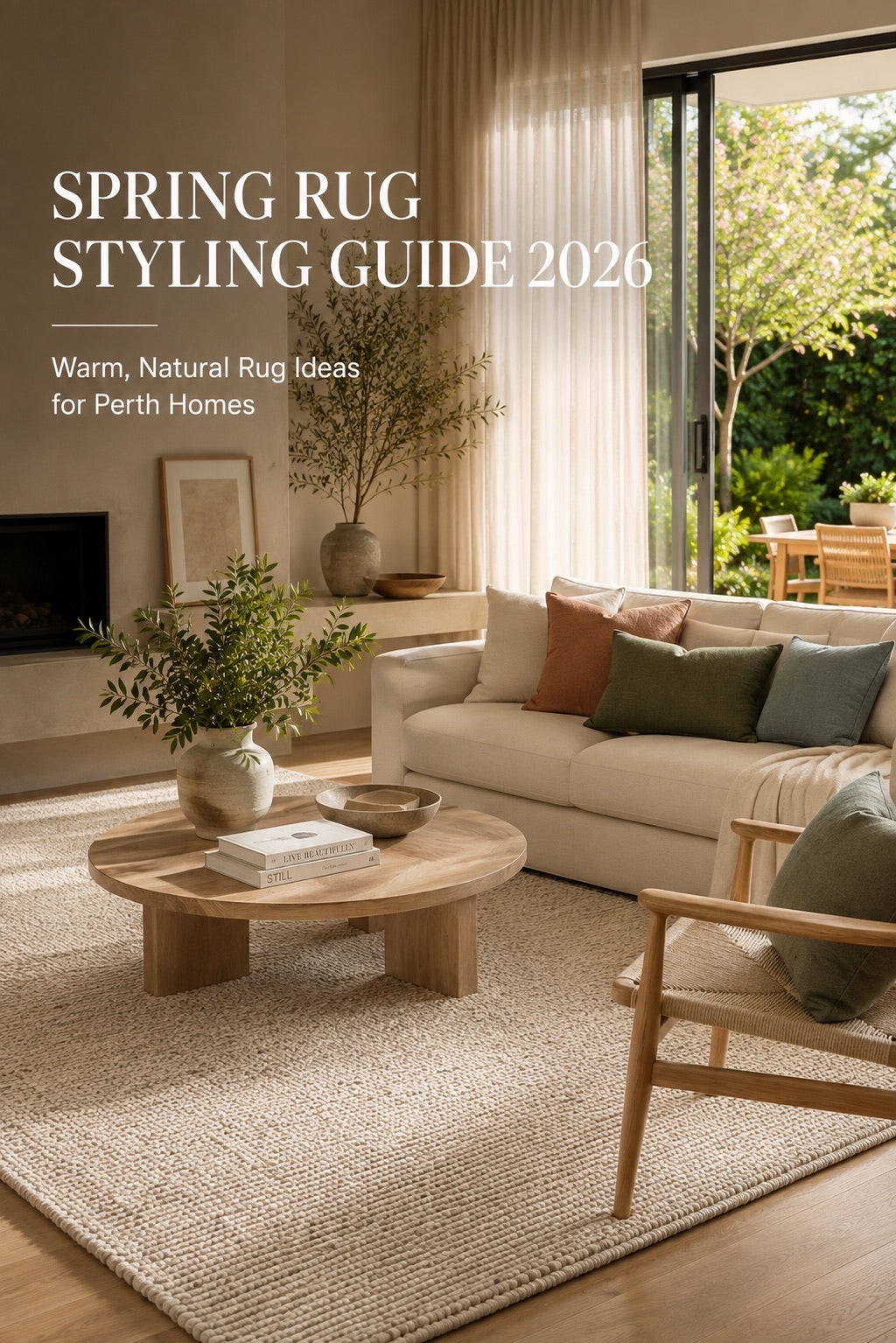 A hand woven wool flatweave rug styled in a modern Perth home living room setting, set for the Spring season.