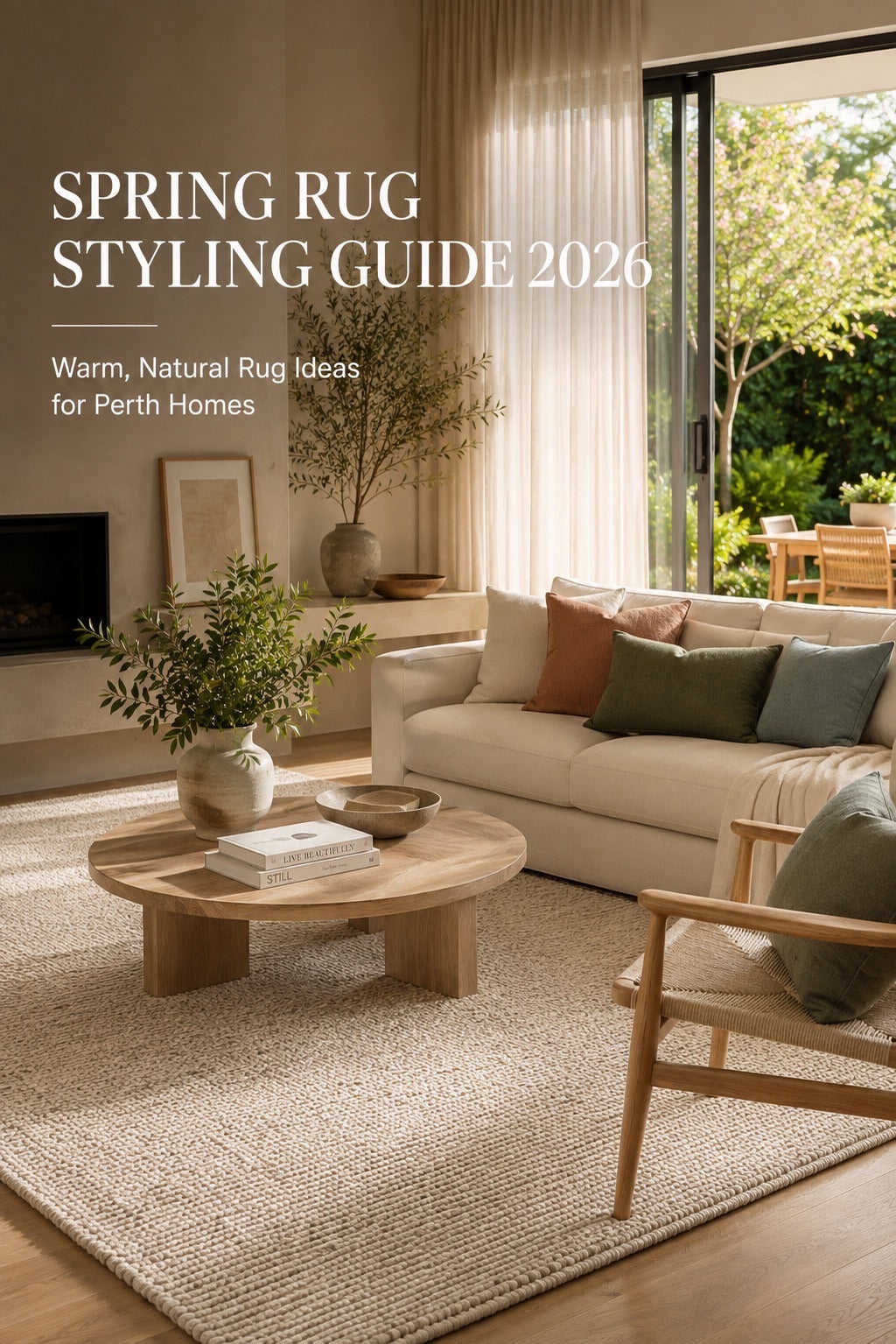 A hand woven wool flatweave rug styled in a modern Perth home living room setting, set for Spring season.