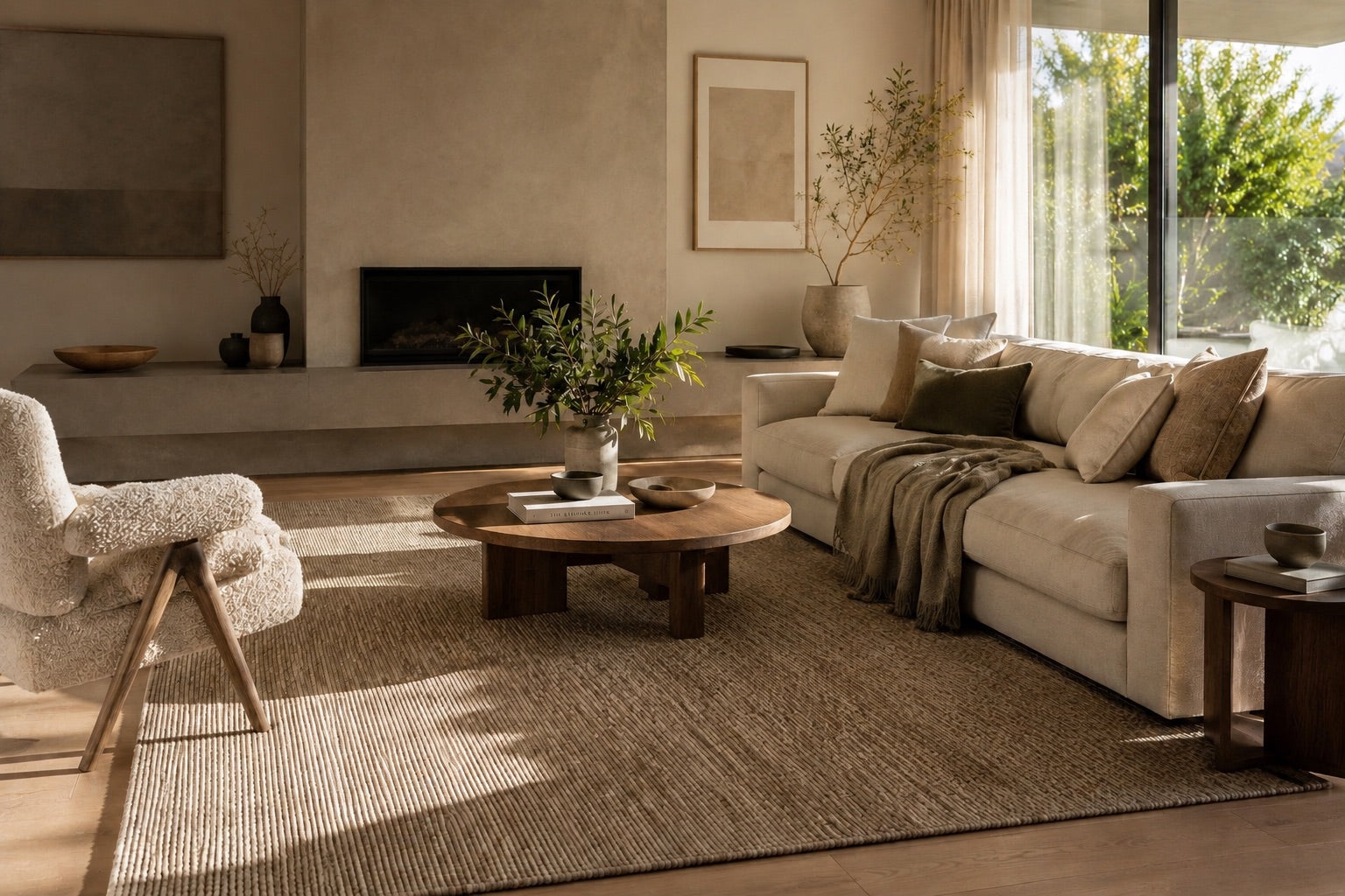 A hand woven textured wool rug styled for a winter setting in a modern Perth home living room setting.