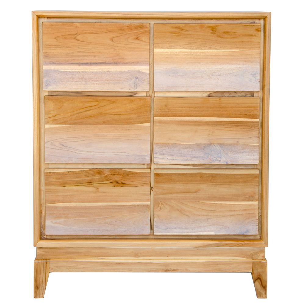 The Acadia 6 Drawer chest is crafted from  solid teak. Its contemporary design gives off a timeless aesthetic. Featuring 6 drawers in a 2 wide x 3 height configuration. Colour natural. Measures 900 Width X 1100 Height X 500 Depth. Front Plain.