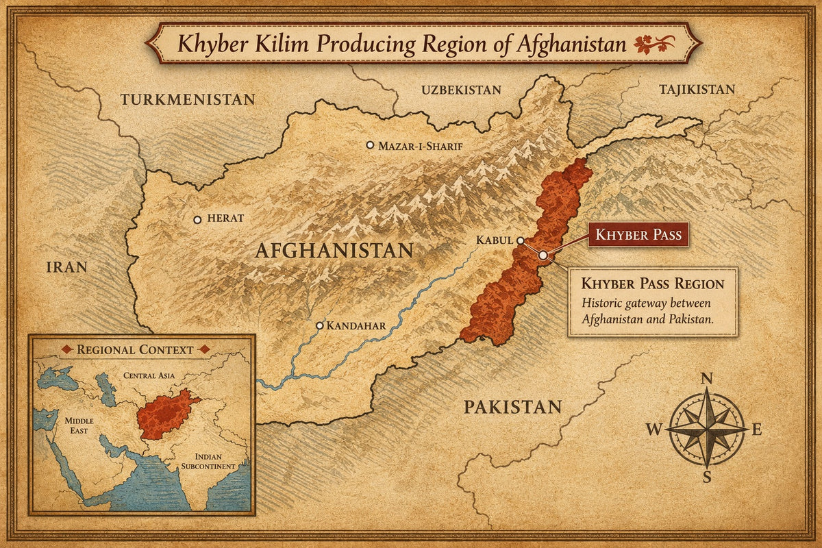 A map show the Khyber Pass Region of Afghanistan where Khyber Kilim rugs were and are produced.