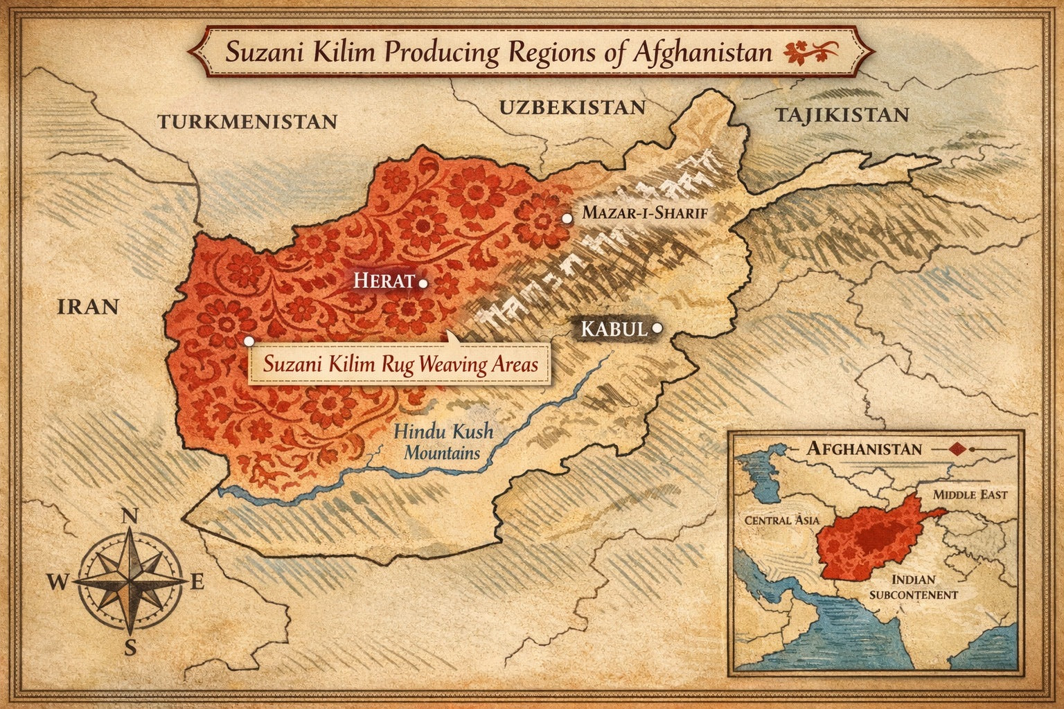 A map showing the Suzani rug producing area of Afghanistan.