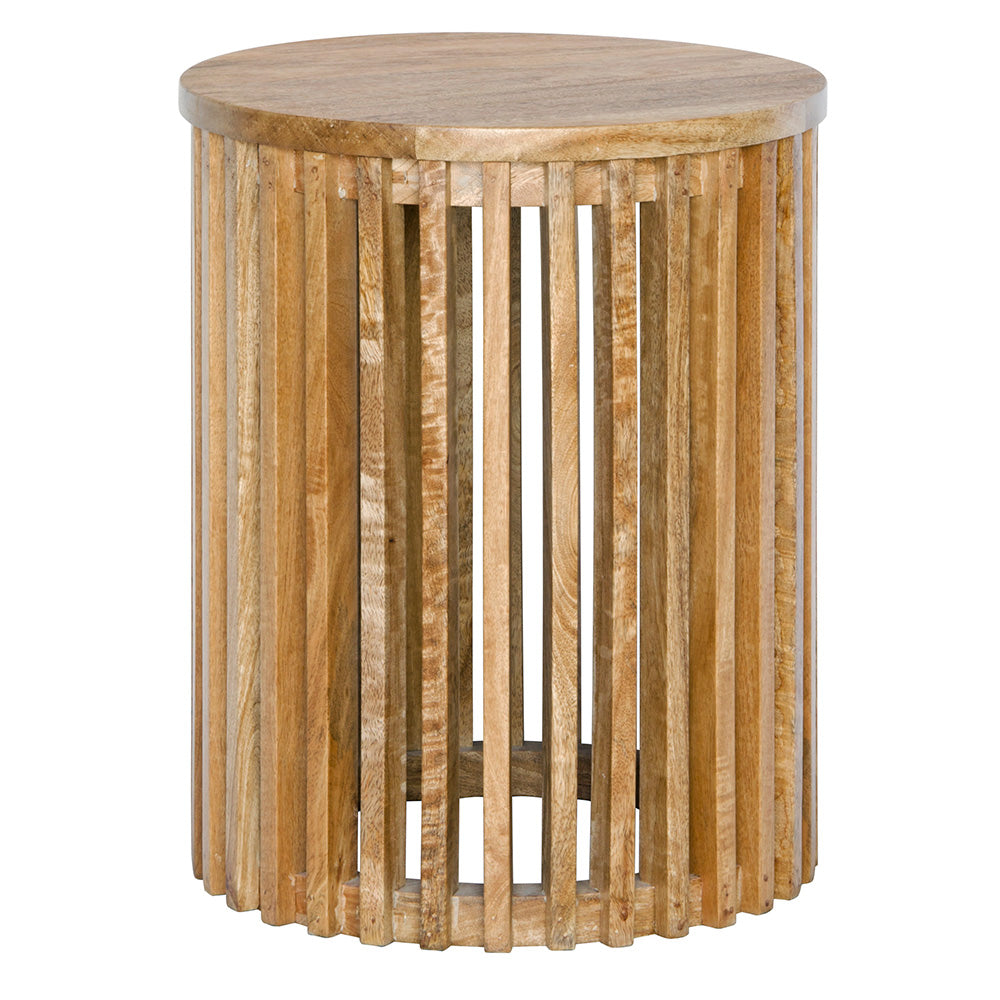  The Akashi Side Table, featuring a round top with slated sides crafted from sustainable fruitwood. Measures 400 diameter X 500 height. Plain.