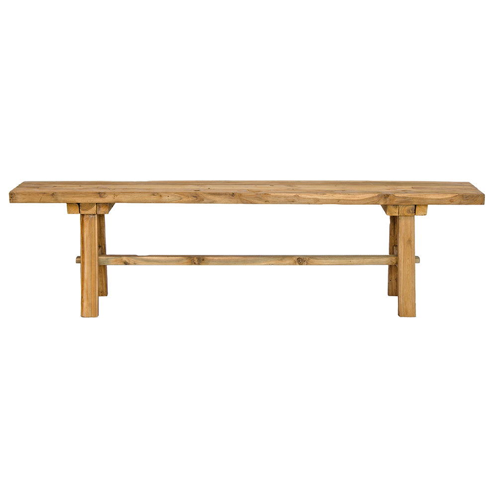 The Amchur 1700 Bench is crafted from sustainable recycled teak. Features a solid plank top with A-Frame legs and centre support beam. Colour Natural Teak. Measures 1700 Length x 330 Depth x 450 Height. Plain.
