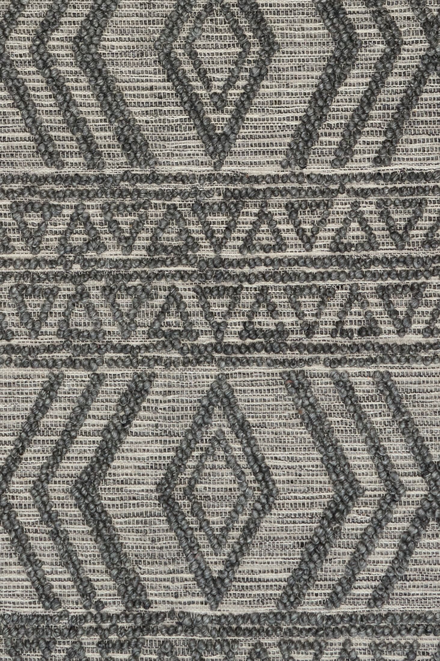 Anita-2 Charcoal is a hand woven textured wool rug. Featuring a tribal geometric design.  Colour Charcoal. Sizes 155 X 225, 200 X 290, 240 X 340 and 300 X 400. Close.