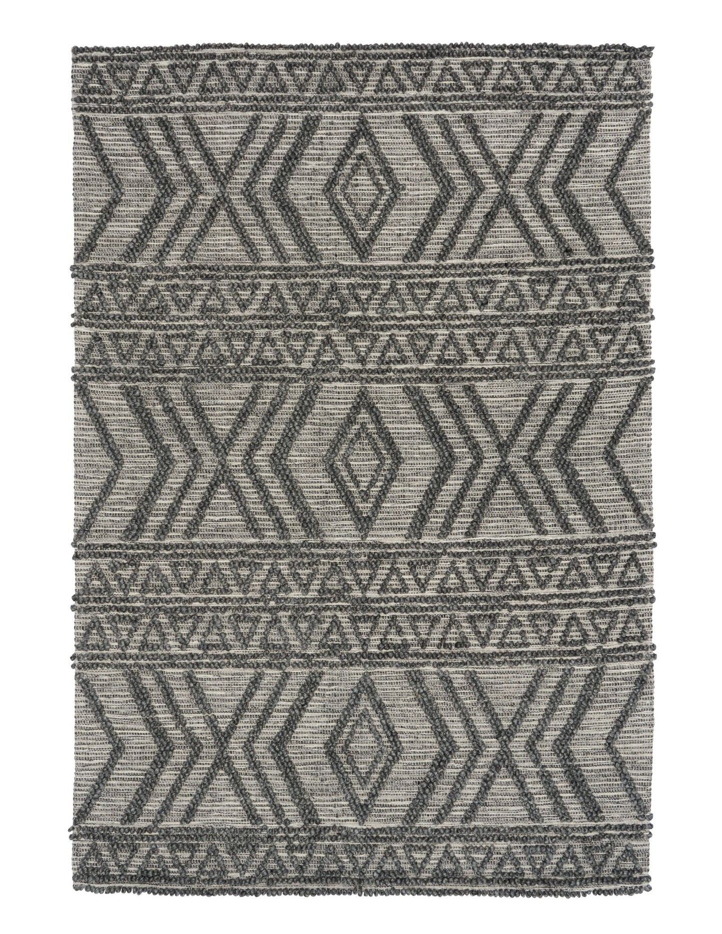 Anita-2 Charcoal is a hand woven textured wool rug. Featuring a tribal geometric design.  Colour Charcoal. Sizes 155 X 225, 200 X 290, 240 X 340 and 300 X 400. Full.