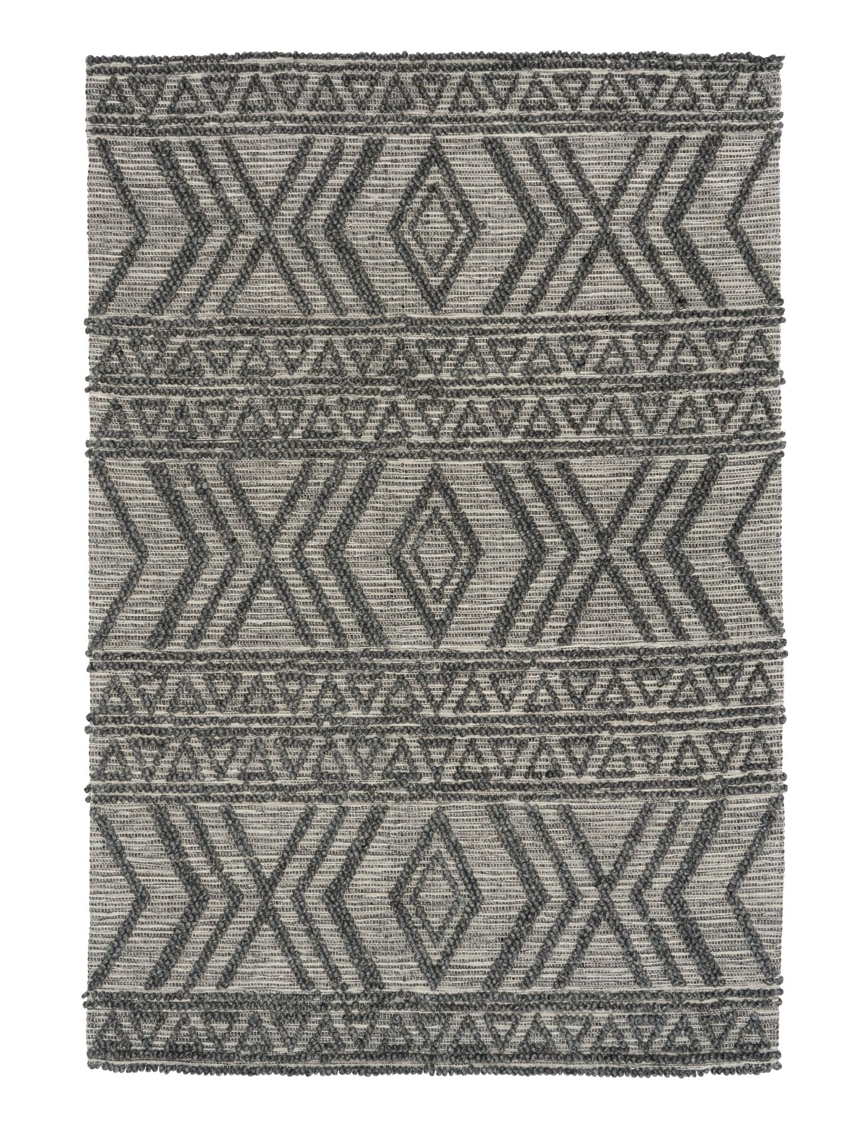 Anita-2 Charcoal is a hand woven textured wool rug. Featuring a tribal geometric design.  Colour Charcoal. Sizes 155 X 225, 200 X 290, 240 X 340 and 300 X 400. Full.