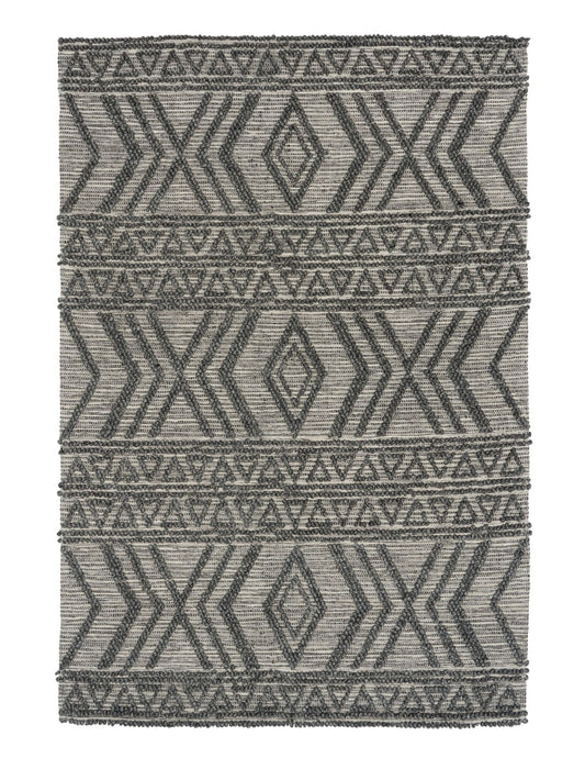 Anita-2 Charcoal is a hand woven textured wool rug. Featuring a tribal geometric design.  Colour Charcoal. Sizes 155 X 225, 200 X 290, 240 X 340 and 300 X 400. Full.