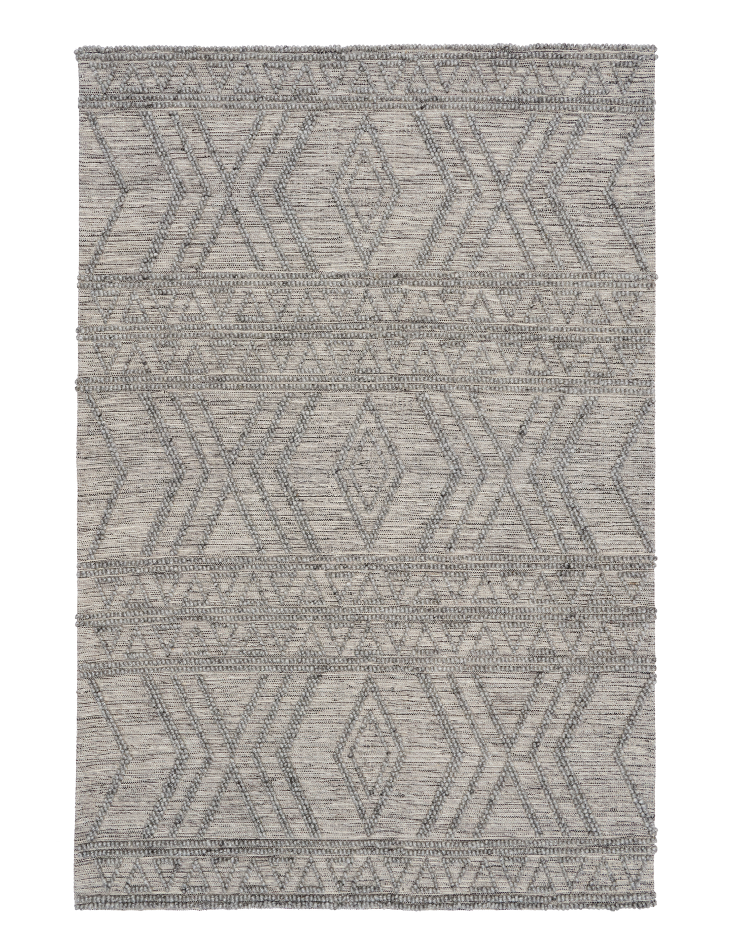 Anita-2 Grey is a hand woven textured wool rug. Featuring a tribal geometric design.  Colour Charcoal. Sizes 155 X 225, 200 X 290, 240 X 340 and 300 X 400. Full.