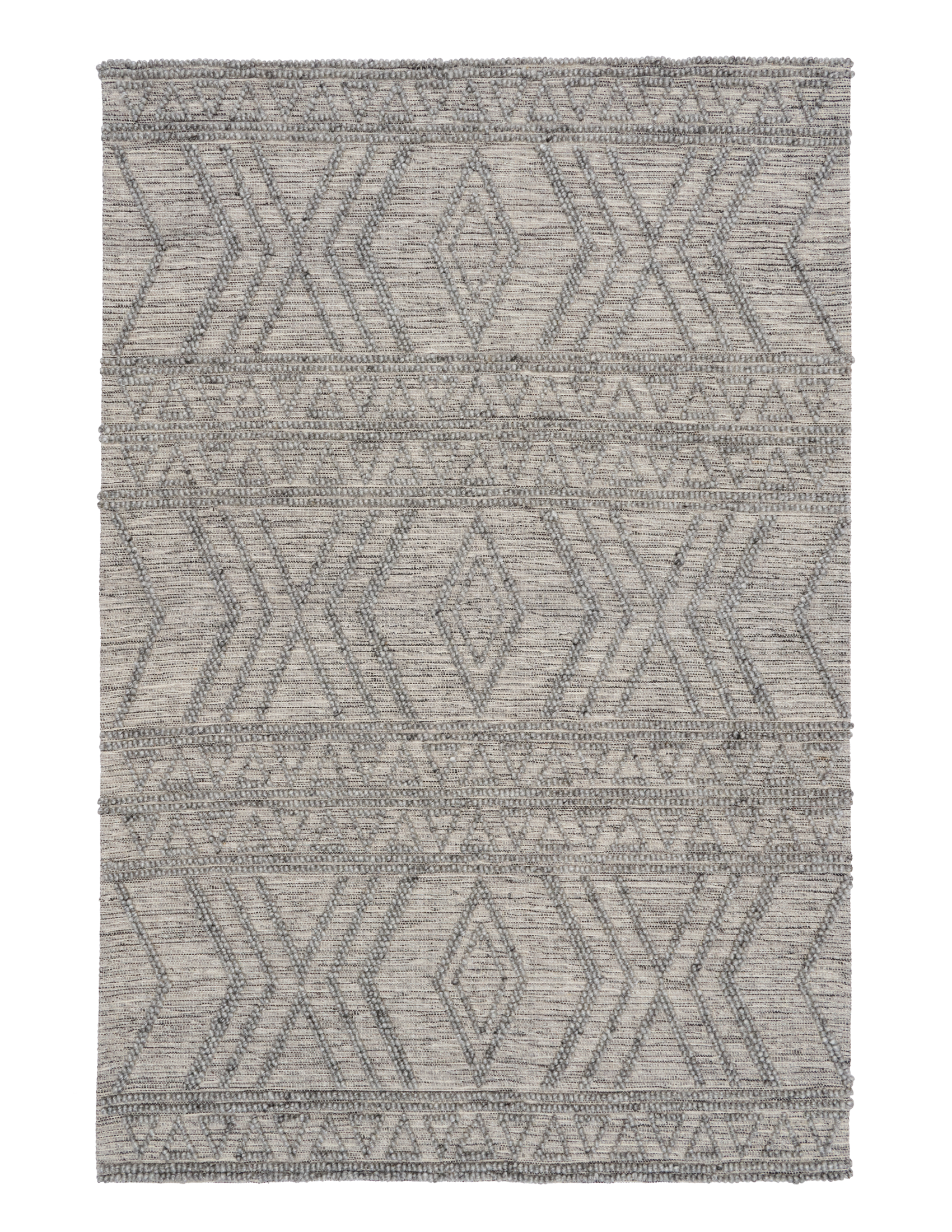 Anita-2 Grey is a hand woven textured wool rug. Featuring a tribal geometric design.  Colour Charcoal. Sizes 155 X 225, 200 X 290, 240 X 340 and 300 X 400. Full.