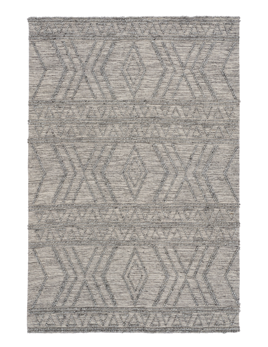 Anita-2 Grey is a hand woven textured wool rug. Featuring a tribal geometric design.  Colour Charcoal. Sizes 155 X 225, 200 X 290, 240 X 340 and 300 X 400. Full.