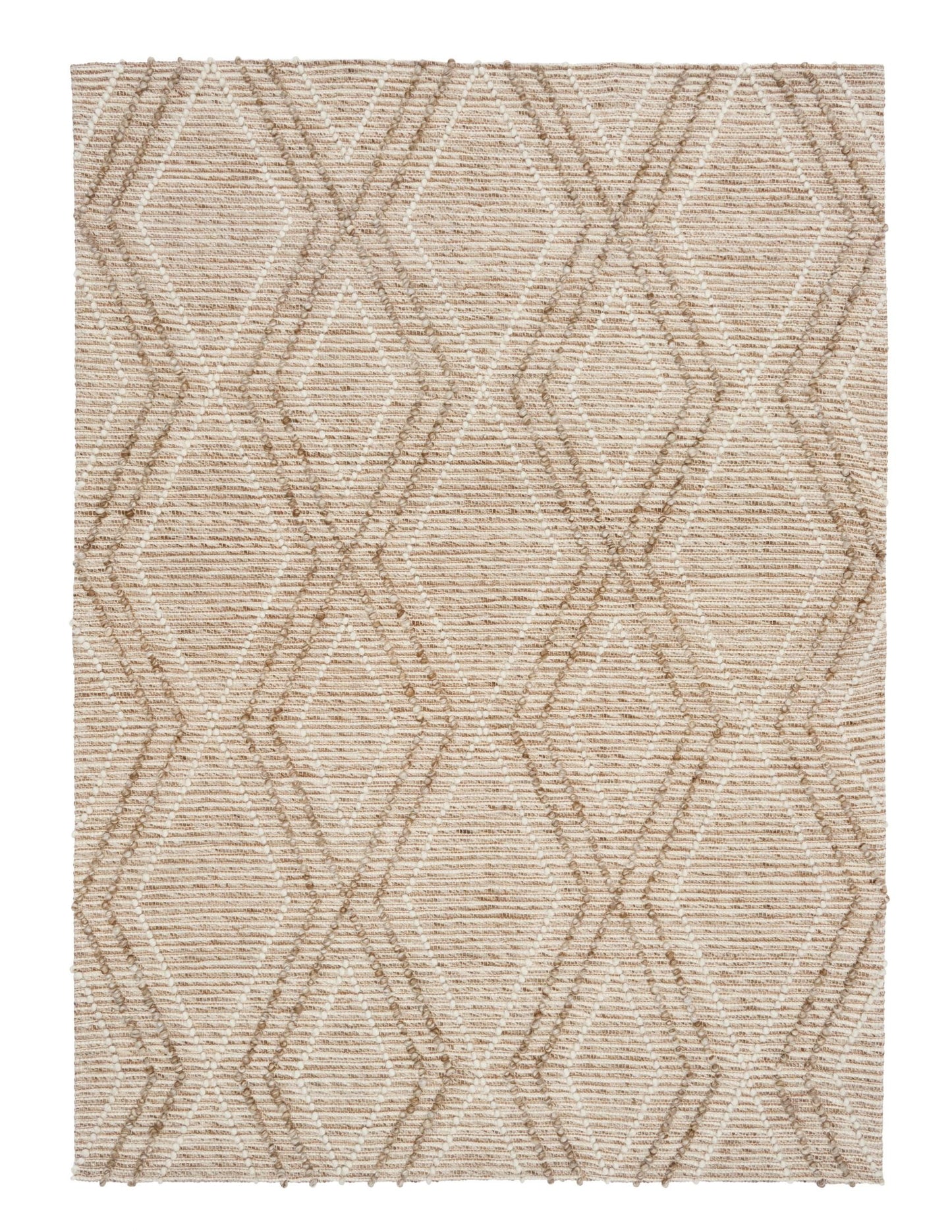 Anita Beige is a hand woven textured wool rug. Featuring a tribal geometric design with a 6-8mm pile height.  Colours Beige, Cream and Whites. Sizes 155 X 225, 200 X 290 and 300 X 400. Full