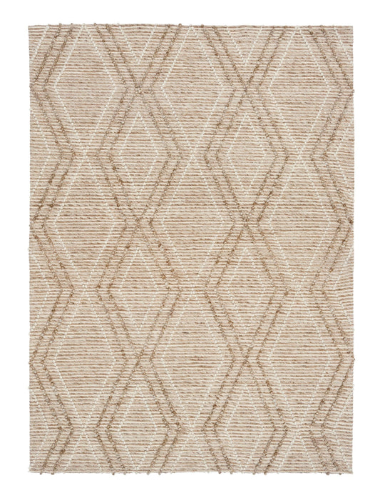 Anita Beige is a hand woven textured wool rug. Featuring a tribal geometric design with a 6-8mm pile height.  Colours Beige, Cream and Whites. Sizes 155 X 225, 200 X 290 and 300 X 400. Full