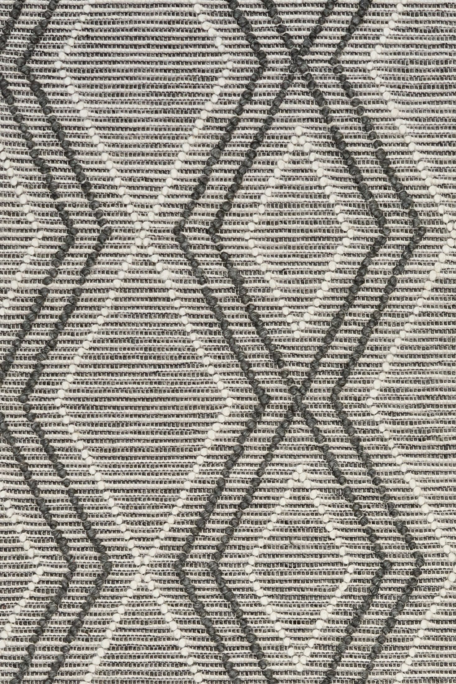 Anita Charcoal is a hand woven textured wool rug. Featuring a tribal geometric design with a 6-8mm pile height.  Colour Charcoal, Grey and White. Sizes 155 X 225, 200 X 290, 240 X 320 and 300 X 400. Close.