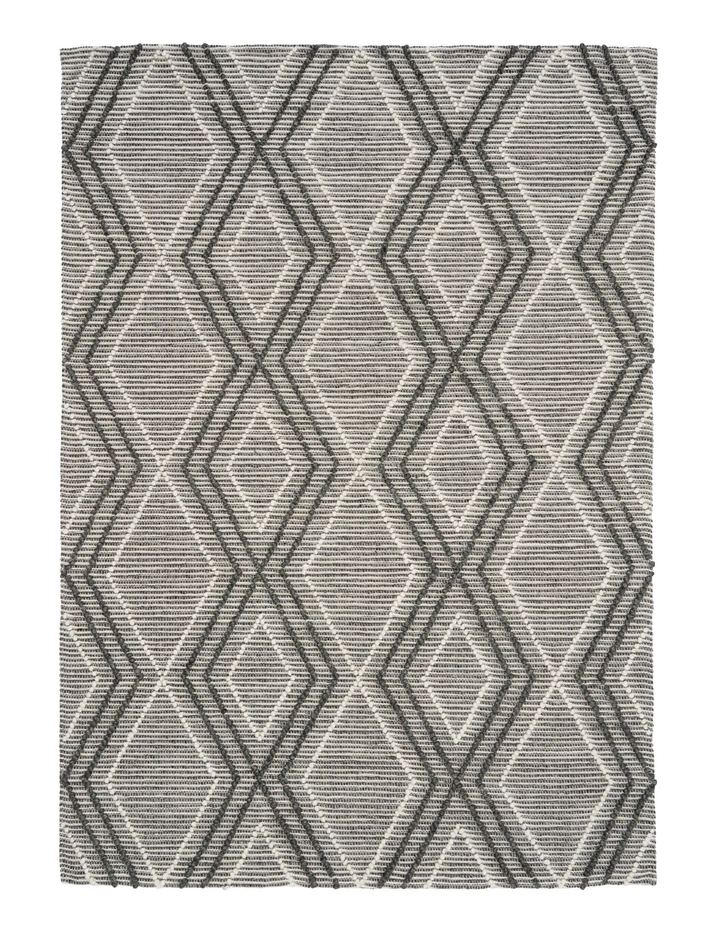 Anita Charcoal is a hand woven textured wool rug. Featuring a tribal geometric design with a 6-8mm pile height.  Colour Charcoal, Grey and White. Sizes 155 X 225, 200 X 290, 240 X 320 and 300 X 400. Full