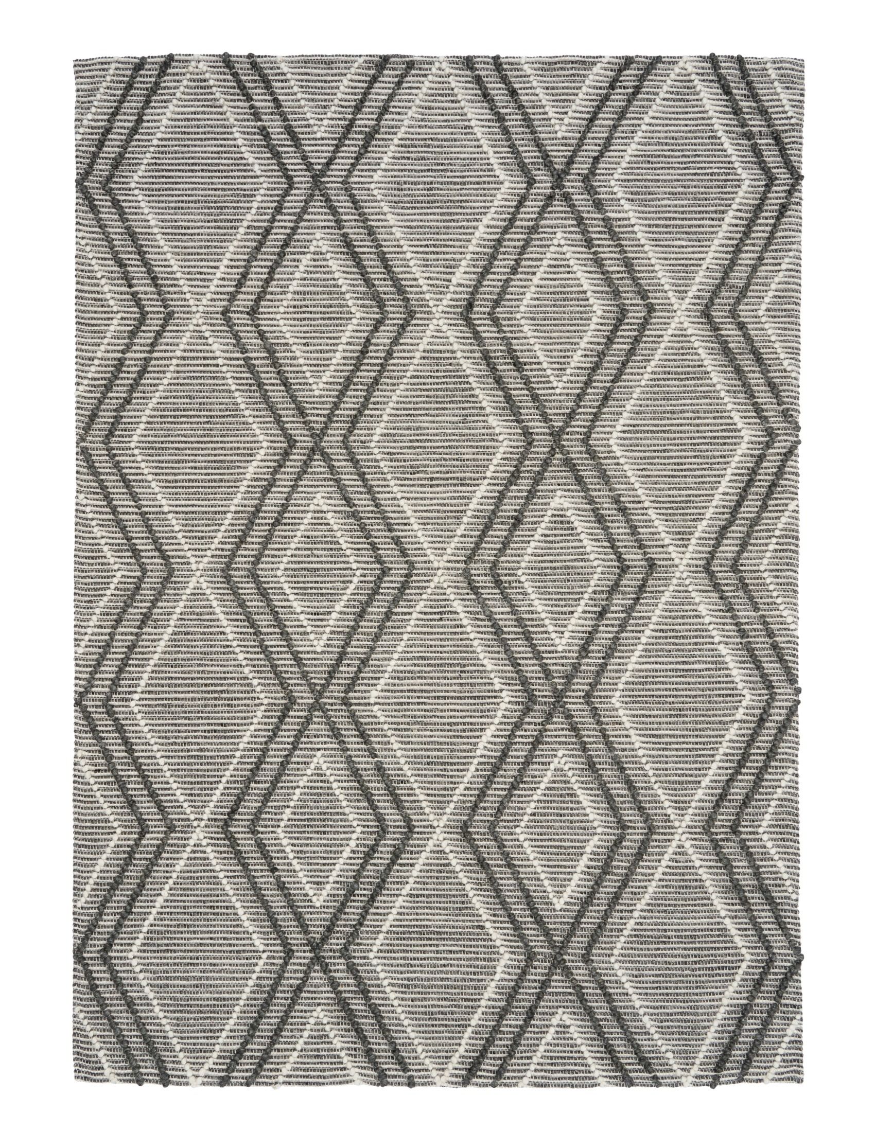 Anita Charcoal is a hand woven textured wool rug. Featuring a tribal geometric design with a 6-8mm pile height.  Colour Charcoal, Grey and White. Sizes 155 X 225, 200 X 290, 240 X 320 and 300 X 400. Full