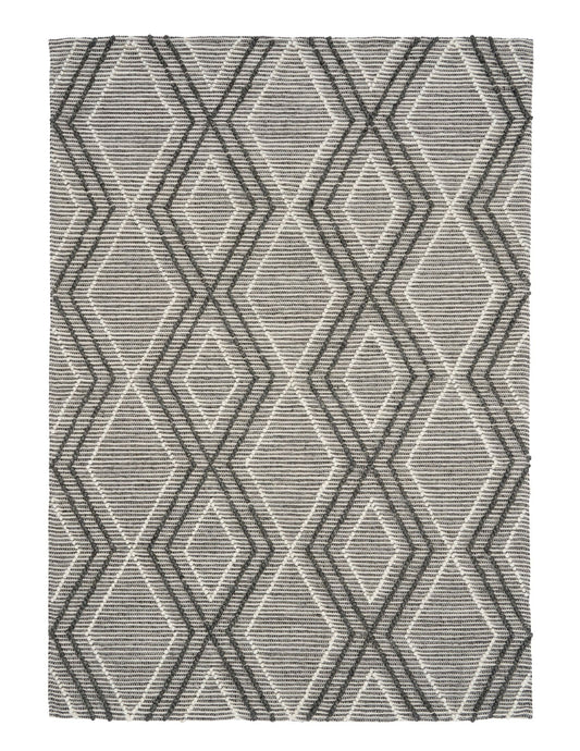 Anita Charcoal is a hand woven textured wool rug. Featuring a tribal geometric design with a 6-8mm pile height.  Colour Charcoal, Grey and White. Sizes 155 X 225, 200 X 290, 240 X 320 and 300 X 400. Full