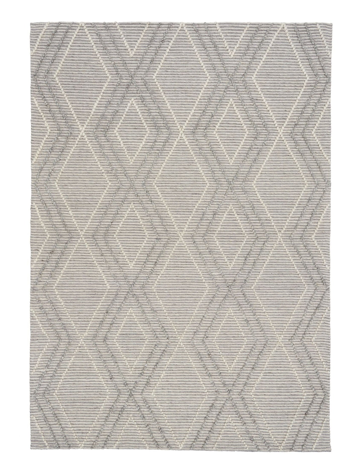 Anita Silver is a hand woven textured wool rug. Featuring a tribal geometric design with a 6-8mm pile height.  Colour Silver Grey, Grey and White. Sizes 155 X 225, 200 X 290, 240 X 320 and 300 X 400. Full