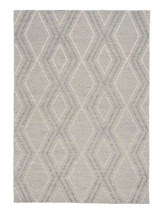 Anita Silver is a hand woven textured wool rug. Featuring a tribal geometric design with a 6-8mm pile height.  Colour Silver Grey, Grey and White. Sizes 155 X 225, 200 X 290, 240 X 320 and 300 X 400. Full