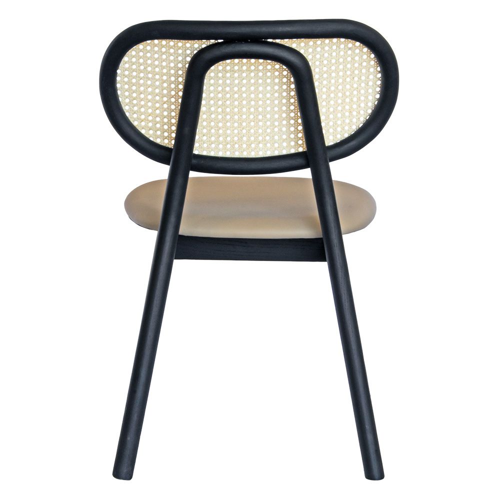 The Apache Black Dining Chair is a coastal/contemporary dining chair.  Crafted with solid ash frame, polyurethane seat and a rattan back. Colours Black Frame, Grey Polyurethane seat and natural rattan seat back. Measuring 530 wide x 550 depth x 450 seat height and a back height of 780. Back Plain.